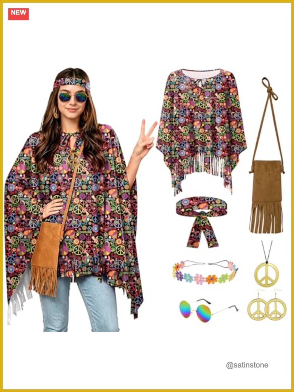 Womens 70s Hippie Costume Set 7 Piece Poncho Headband Bag Necklace 60s Retro